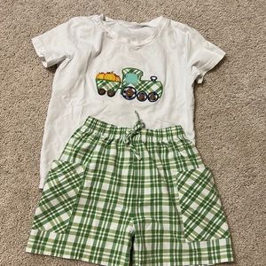 Boys train and pumpkin appliqué shorts set by Shrimp and Grits